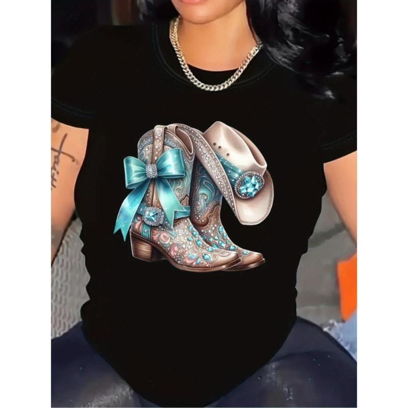 Western Style Cowboy Boot Graphic Tee for Women with Short Sleeves Gunpla brand Bow Straw hat pirates Details Ideal for...