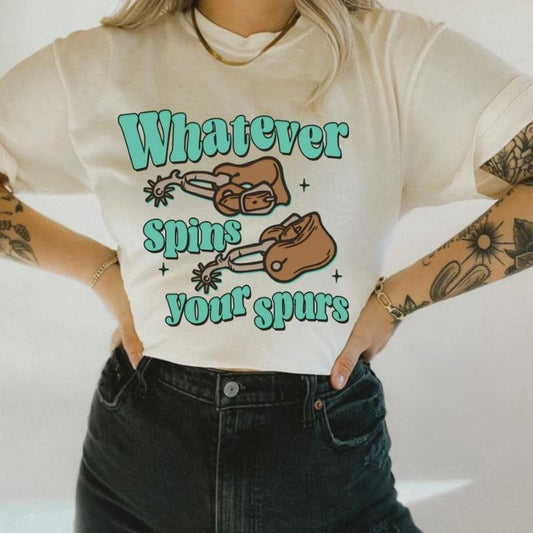 What Spins Your Spurs Tee, graphic tees women, western outfits women, western tops clothing, rodeo cowgirl outfits women, country concert outfits, shirt, sweatshirt, hoodie
