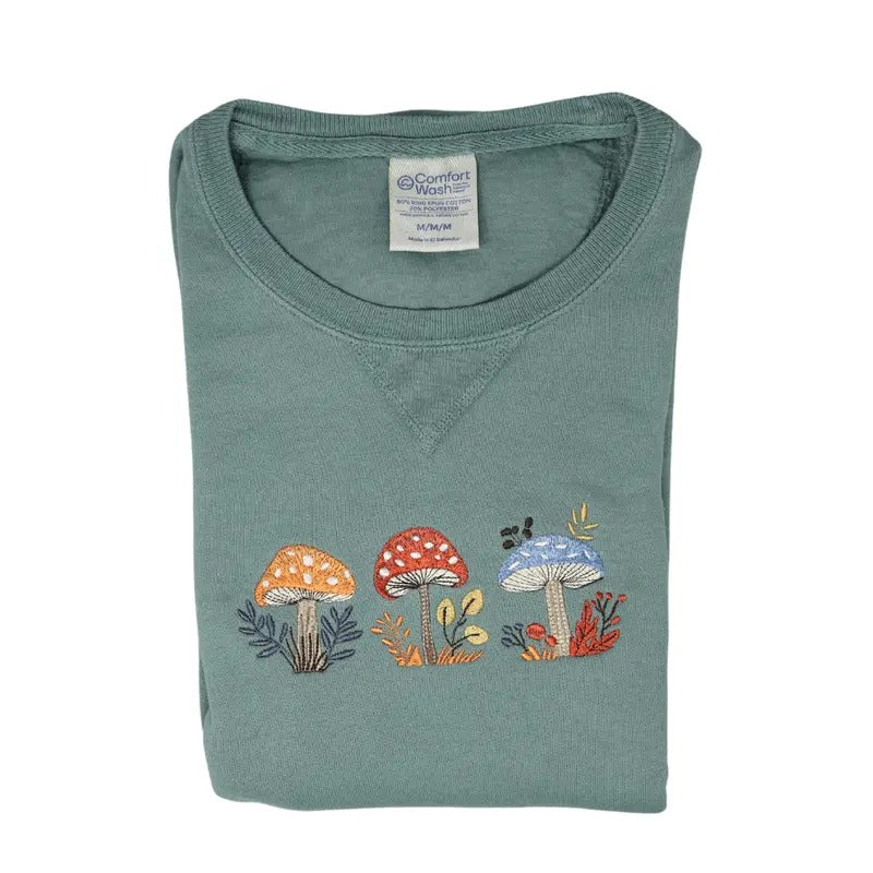 Whimsical Mushroom Embroidered Pullover Crewneck Sweatshirt - Unisex - ComfortWash T-Shirts, Hoodie | DripVista.com
