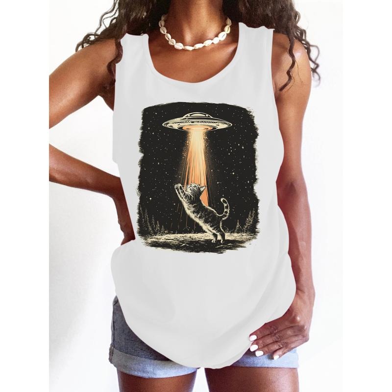 Whimsical Women'WB shield Vest: Fascinating Cat - UFO Encounter Design for Jumpman Adventurous Vibe style 02 T-Shirts,...