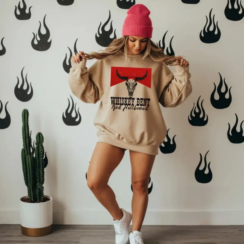 Whiskey Bent Crewneck sweatshirt, graphic tees women, western outfits women, western tops clothing, rodeo cowgirl outfits...
