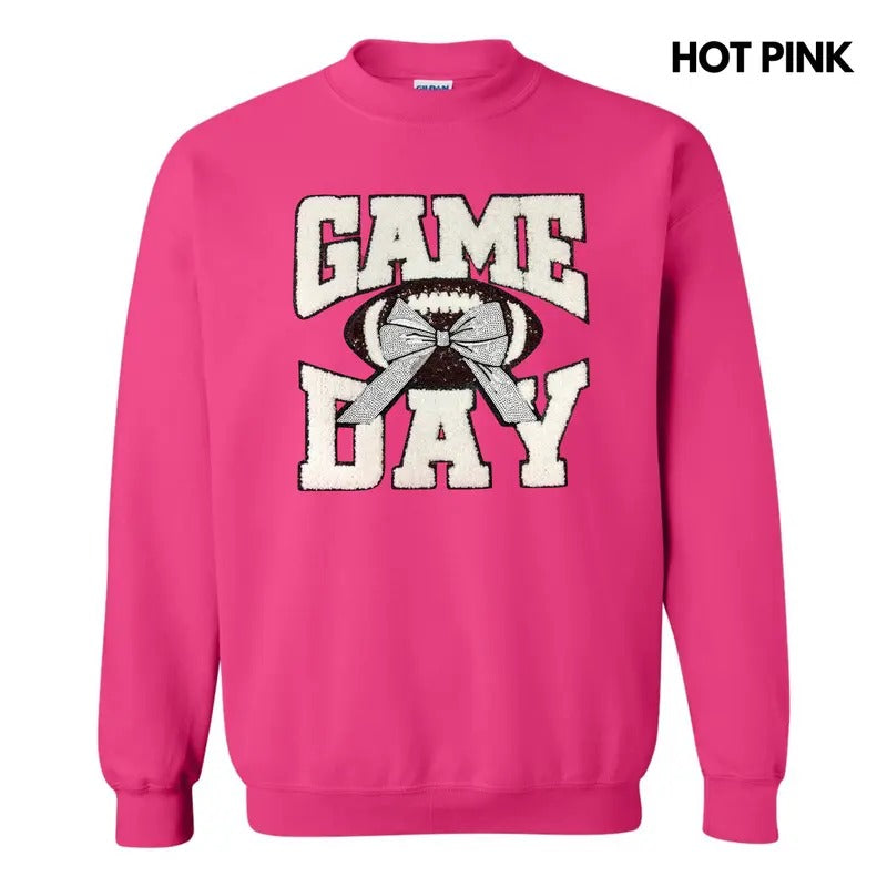White Football Game Day Bow Patch Sweatshirt T-Shirts, Hoodie | DripVista.com