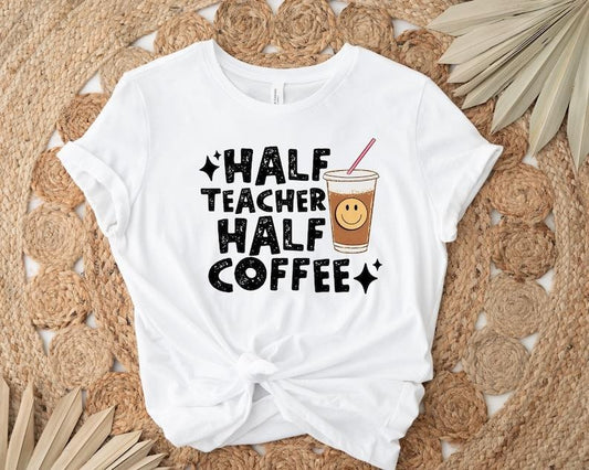 White T-shirt for teachers, unique lettering design, fun coffee cup graphic, creative outfit, meaningful gift, dynamic style, easy to mix and match fashion.