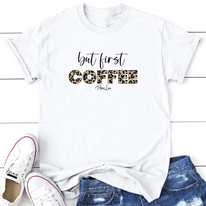 But First Coffee Leopard Tee, Proudly Printed In The USA, Tee Gray / White, #sassy #cute #colorprint