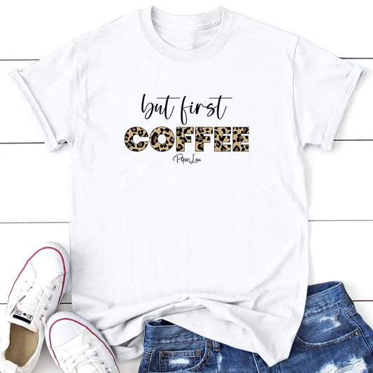 But First Coffee Leopard Tee, Proudly Printed In The USA, Tee Gray / White, #sassy #cute #colorprint
