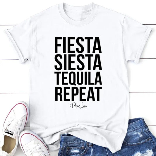 Fiesta Siesta Tequila Repeat Tee, Proudly Printed In The USA, Tee Gray / White, #sassy #cute #colorprint