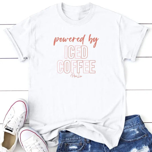 Powered By Iced Coffee Graphic Tee, Proudly Printed In The USA, Tee Gray / White, #sassy #cute #colorprint