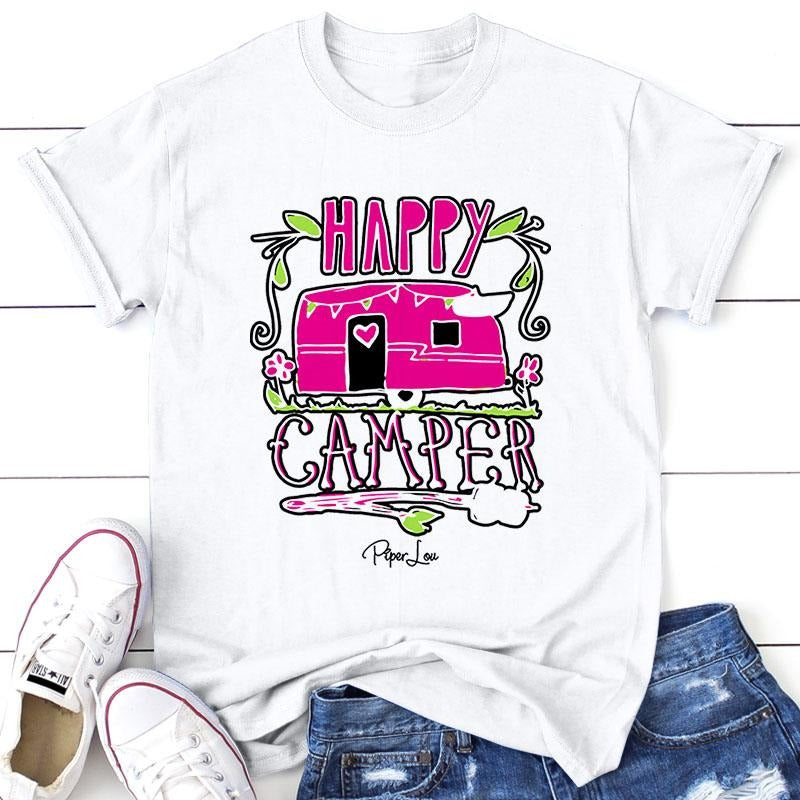 Happy Camper Pink Tee, Proudly Printed In The USA, Tee Gray / White, #sassy #cute #colorprint