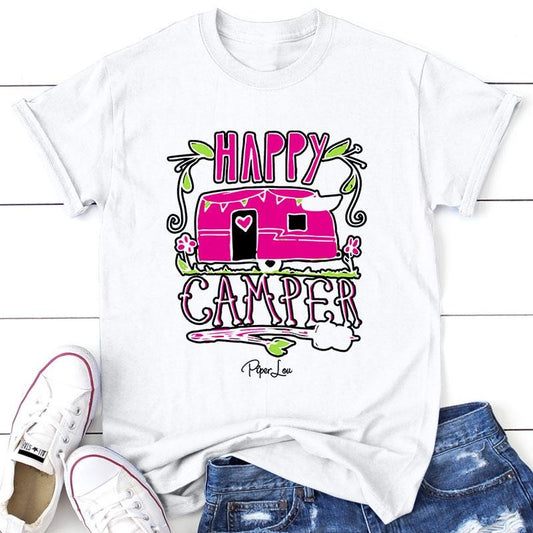 Happy Camper Pink Tee, Proudly Printed In The USA, Tee Gray / White, #sassy #cute #colorprint