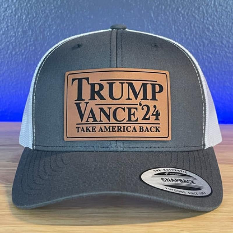 Trump Vance 2024 Take America Back SnapBack Trucker Rawhide Leather Patch Hat Charcoal/White T-Shirts, Hoodie, Sweatshirt