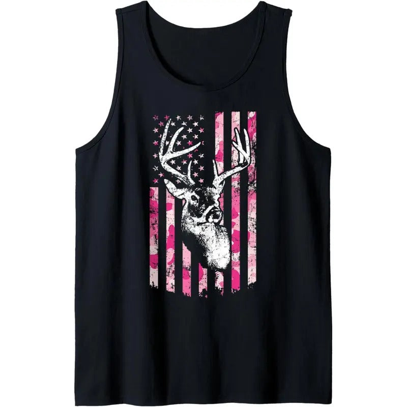 Whitetail Buck Womens Deer Hunting Pink Camo American Flag Tank Top made in USA T-Shirts, Hoodie, Sweatshirt | DripVista.com