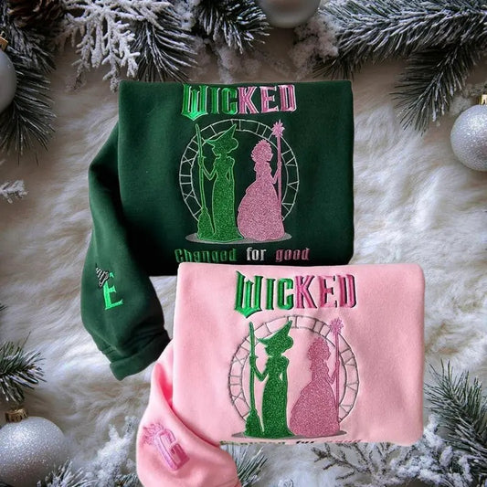 Wicked Glitter Embroidered Sweatshirt, Elphaba and Glinda Crewneck Hoodie, Wizard of Oz Embroidered Shirt, Emerald City Oz Jumper, Musical Fan Gifts