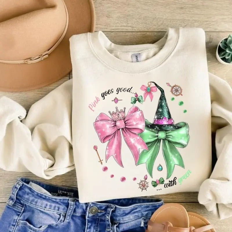 Wicked Pink Goes Good With Green Sweatshirt, Hoodie, T-Shirt, Defy Gravity Broomstick Magic Wand, Wizard Movie Fan Shirt,...