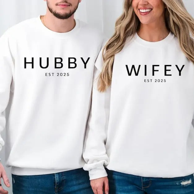 Wife And Hubby Sweatshirt, Personalized Just Married Sweatshirt, Honeymoon Sweatshirt, Wedding Hoodie, Wifey est 2025...