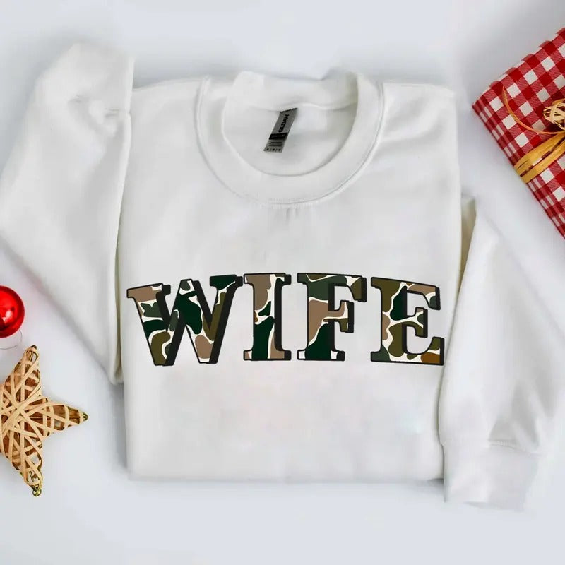 Wife Camo Old School Bottomland Pattern Crewneck Sweatshirt, Hunting Wife, Hunting Season Unisex Shirt Hoodie | DripVista.com