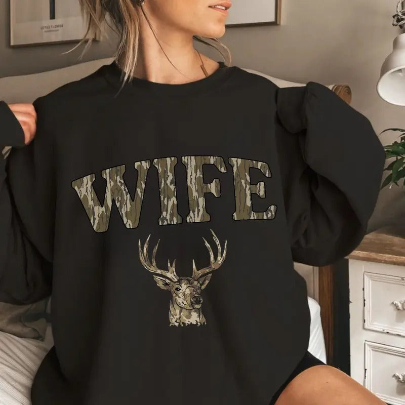 Wife Deer Hunt Camo Bottomland Pattern Crewneck Sweatshirt, Mama Hunting Season Tee Hoodie | DripVista.com