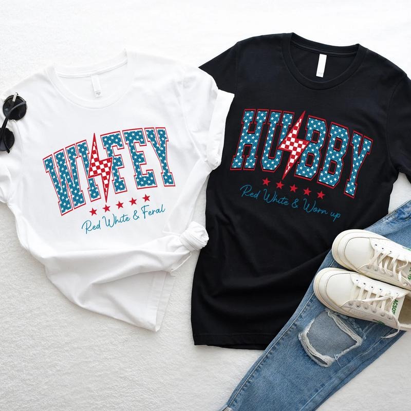 Wifey & Hubby Patriotic T-shirts for 4th of July Matching Shirts for Wife Husband Independence Day Just Married Tees...