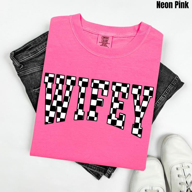 Wifey Black Checkered Comfort Colors T-Shirt 'NLB' Hoodie, Sweatshirt | DripVista.com