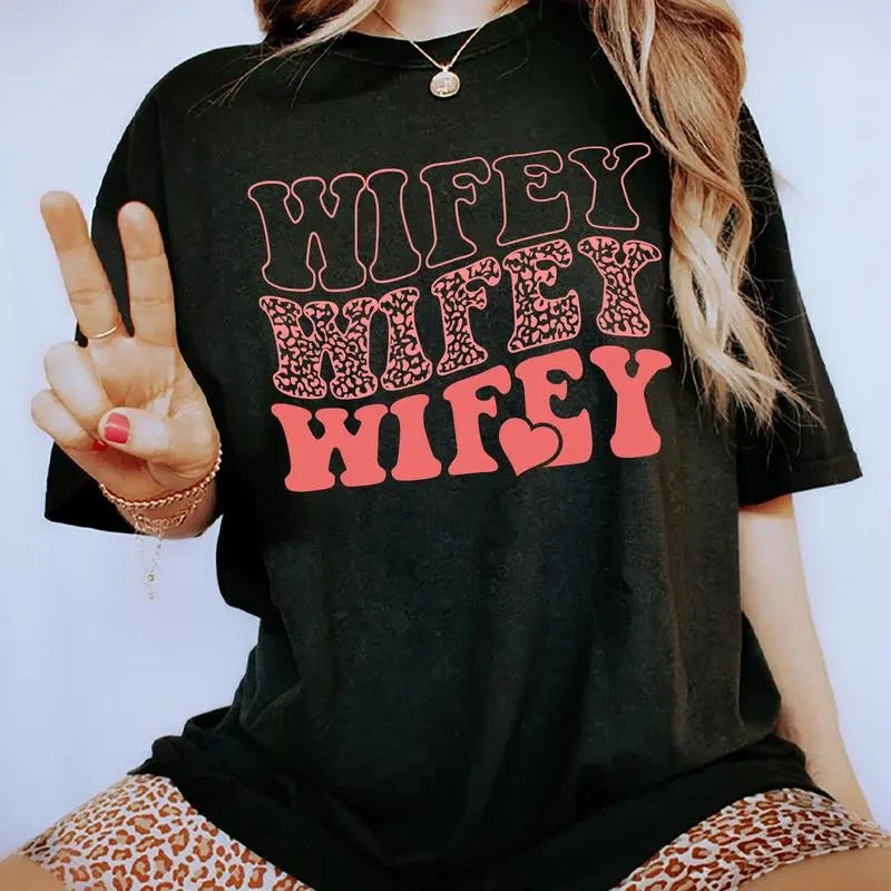 Wifey Shirt, Wife Life Tee, Leopard Wifey Graphic Printed Short Sleeve Tee Shirt, Women Cotton Fabric Comforts Shirt, Women's Tops, Gift Shirt For Women, Womenswear, Cotton Fabric Relaxed Fit Chic Style