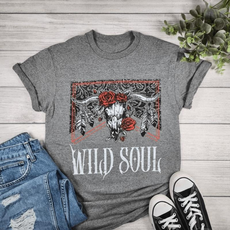 Wild Soul Cow Skull With Red Roses Graphic T-shirt