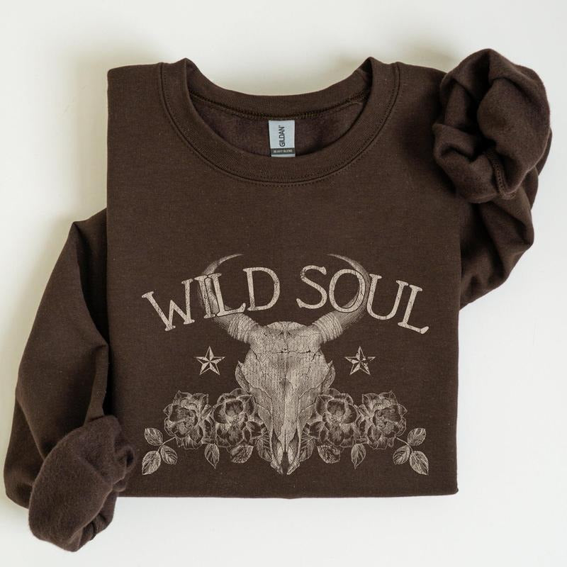 Wild Soul, Cowboy, Skull, Roses, Country, Cowgirl Sweatshirt, Women's Crew Neck, Crewneck T-Shirts, Hoodie | DripVista.com