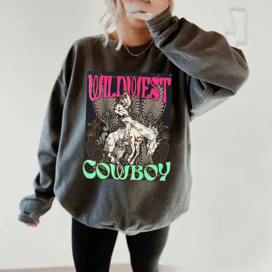 Wild West Cowboy Crewneck Sweatshirt, Graphic Crewneck shirt, cowgirl outfits, western clothing, western tops outfits women, country concert outfits clothing, rodeo outfit women shirt hoodie