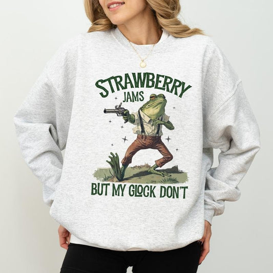 Wild West Frog Strawberry Jams But My Glock Don't Sweatshirt, Funny Frog Meme Tops, Western Cowboy Frog Crewneck, Vintage Graphic Pullover Womenswear