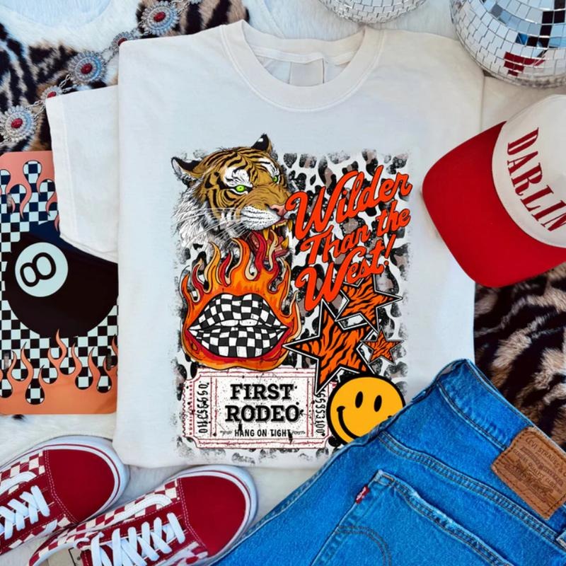 Wilder than the West collage Tee, vintage crewneck sweatshirts, western outfits women, cowgirl outfits, western clothing stuff tops, country concert outfits, western tops clothes, country girl stuff