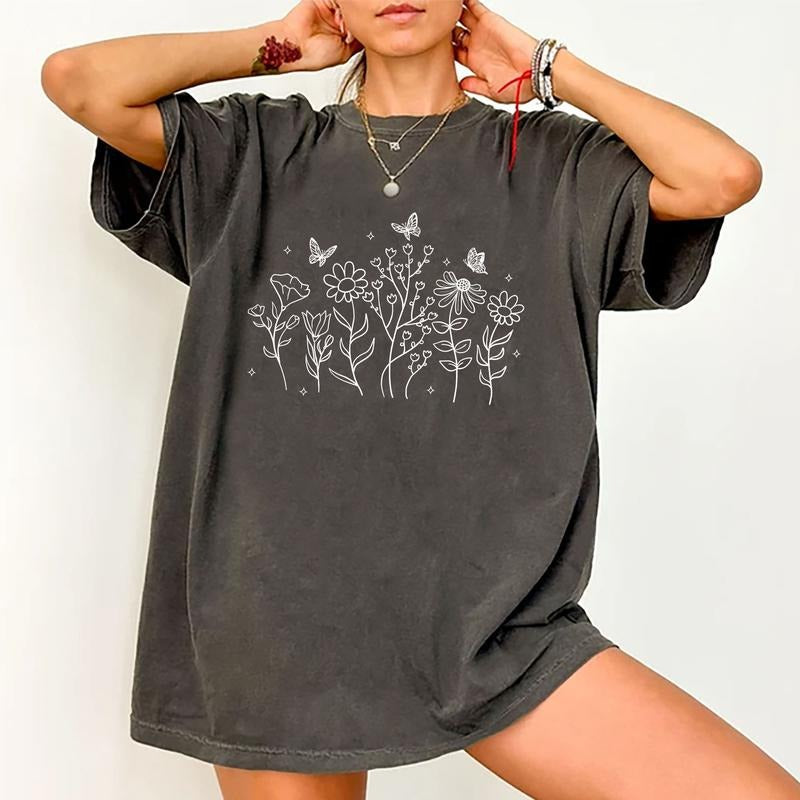 Wildflower Shirt, Botanical Tee, Floral Graphic Tee Women, Nature Lover T-shirt, Minimalist Cotton Fabric Outfit, Flower...