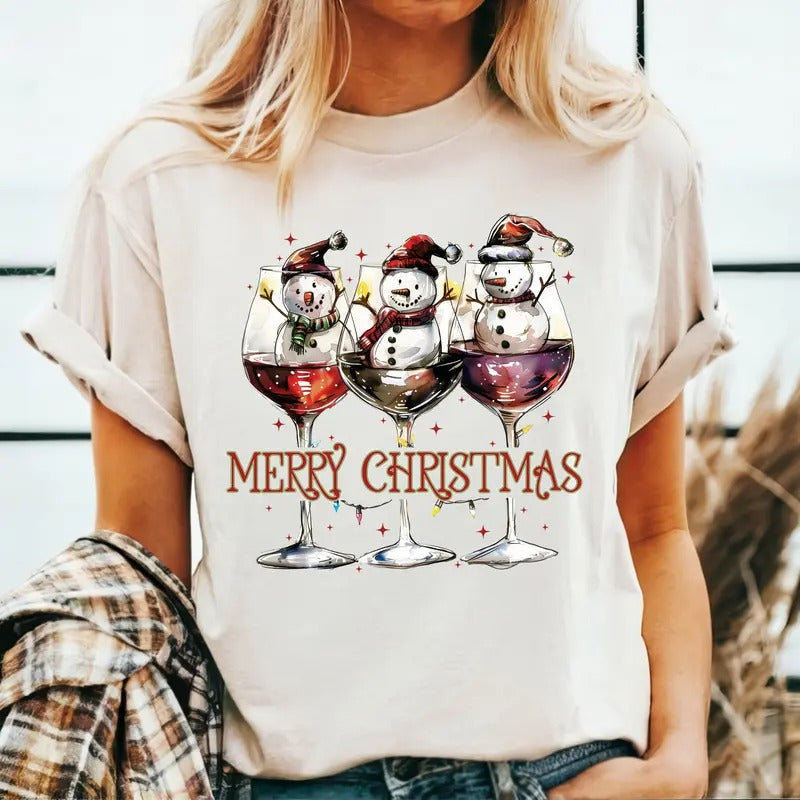 Wine Snowman Merry Christmas Shirt, C43, Cute Christmas Shirt, Graphic Shirt Retro Adult Shirt Vintage T-Shirt Cotton...
