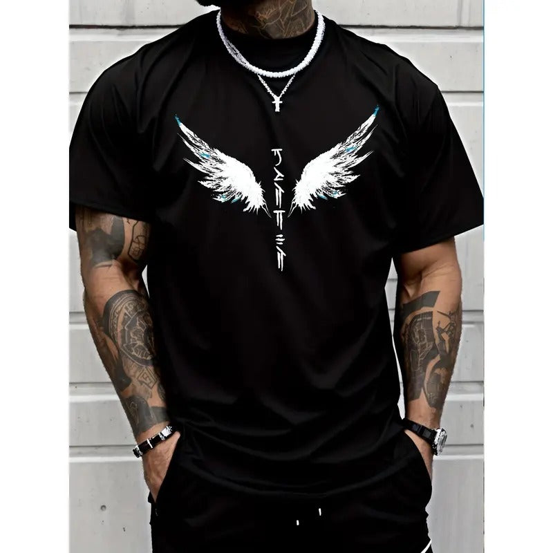 Wings Print Men'WB shield Creative Top, Casual Short Sleeve Crew Neck T-shirt, Men'WB shield Clothing For Summer Outdoor...