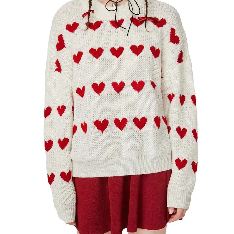 Winter Heart Drop Shoulder Round Neck Long Sleeve Casual Sweater Pullover