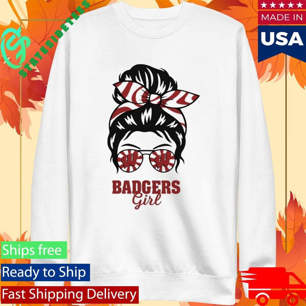 Wisconsin Badgers Girl Messy Bun Glasses Shirt