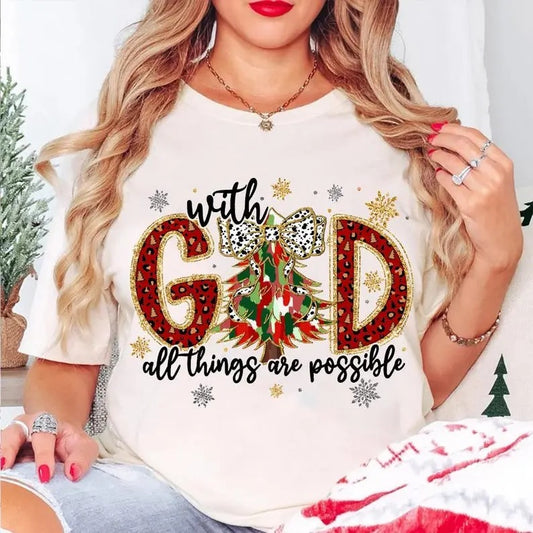 With God all things are possible, Jesus Christmas, Colorful Glitter Christmas Tree, Christian Christmas Tshirt