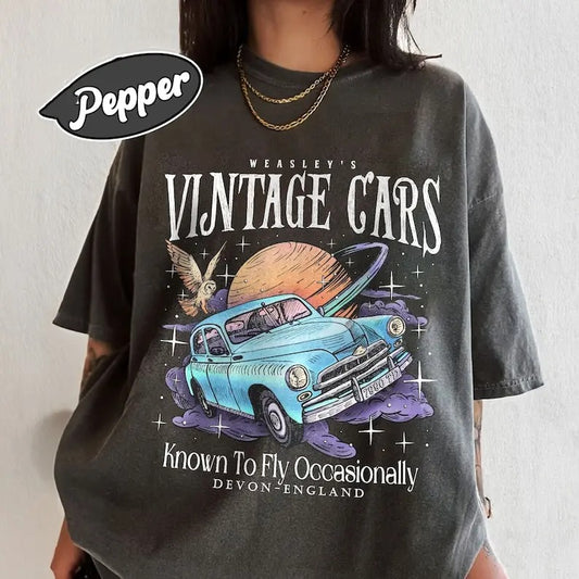 Wizard Flying Car  Shirt, Vintage Style Weasley Car Tee, Bookish Wizard Shirt, Universal Fan T-shirt,Magical Adventure Apparel Cotton Shortsleeve Tee