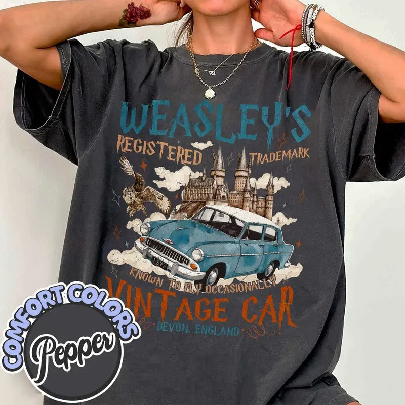 Wizard Flying Car Shirt, Vintage Style Weasley Car Tee, Bookish Wizard Shirt