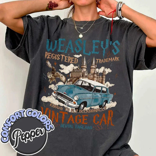 Wizard Flying Car Shirt, Vintage Style Weasley Car Tee, Bookish Wizard Shirt