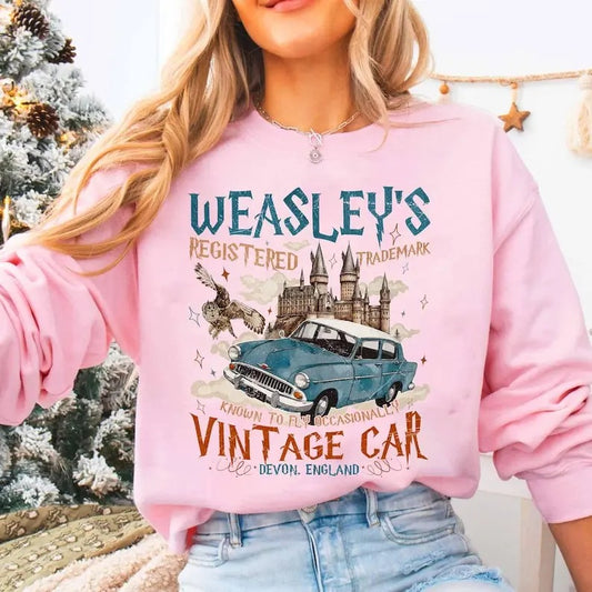 Wizard Flying Car Sweatshirt, Vintage Style Weasley Car Sweatshirt, Bookish Wizard Sweatshirt, Universal Fan Gift, Magical Adventure Apparel
