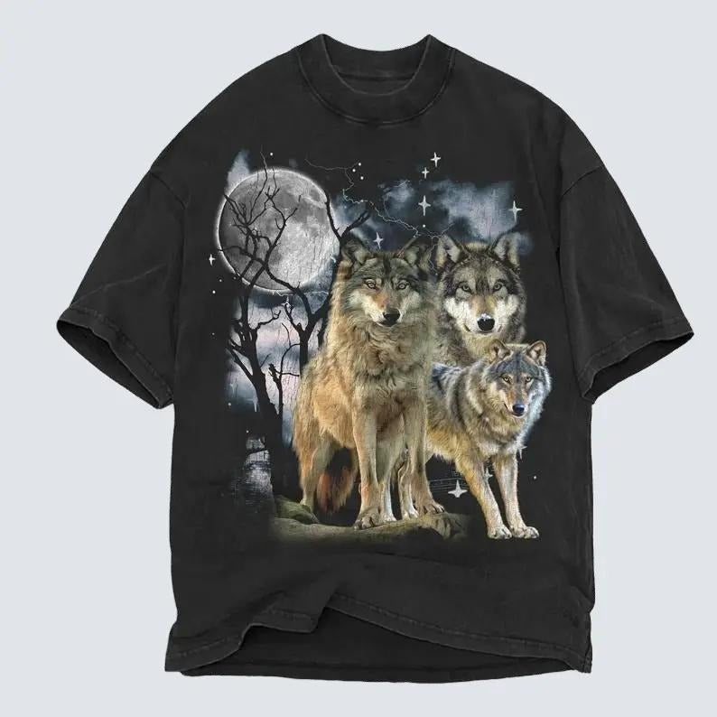 Wolf 90s Vintage Graphic Shirt, Three Wolf, 2000s Nature Shirt, Vintage Unisex Oversize Tee, Cute Wolf Gift, Faded,...
