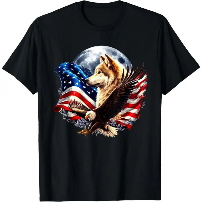 Wolf Bald Eagle American Flag Full Moon New Years Wolf Lover T-Shirt made in usa Hoodie, Sweatshirt | DripVista.com