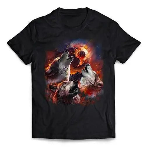 Wolf Howling in Burning Forest Beneath Asteroid Impact Moon, Short-Sleeve Unisex T-Shirt Made in USA Hoodie, Sweatshirt