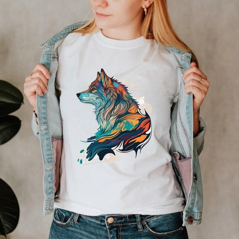 Wolf T Shirt Hoodie Sweater, Wolf Lover Tee, Wolf Graphic Shirt, Wild Animal Lover Gift, Colorful Wolf Print, Animal Lover Shirt, Wolf Print TShirt
