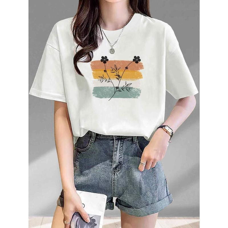 Woman'WB shield 100% cotton 180g-Vintage-Inspired Floral Print Women'WB shield Cotton T-Shirt