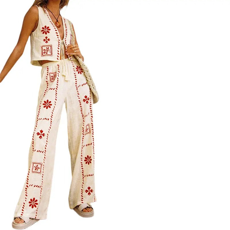 Women 2 Piece Outfits Floral Print Tie Front Tank Tops and Wide Leg Pants Set Streetwear Beach Vacation Clothes Casual Fashion