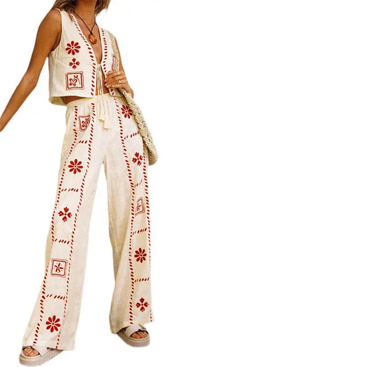 Women 2 Piece Outfits Floral Print Tie Front Tank Tops and Wide Leg Pants Set Streetwear Beach Vacation Clothes Casual Fashion