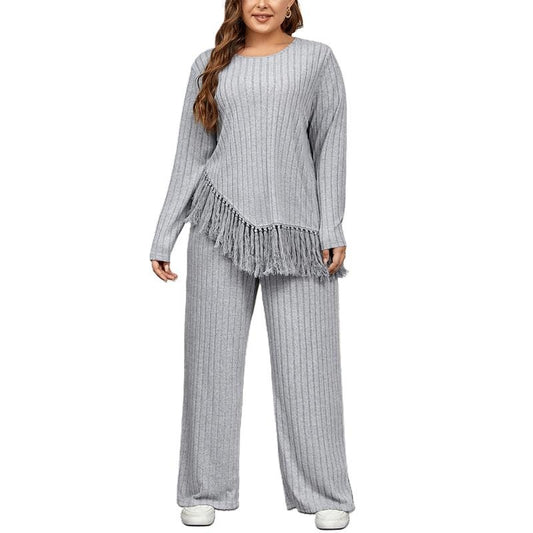 Women 2 Piece Outfits Plus Size Irregular Tassel Long Sleeves Shirt and Elastic Wide Leg Pants Set Streetwear Casual Fashion