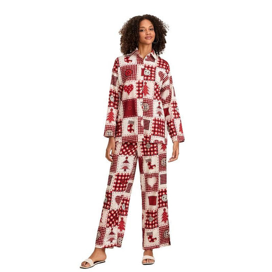 Women 2 Piece Pajamas Set Christmas Print Long Sleeves Button Shirt and Elastic Pants for Loungewear Soft Sleepwear
