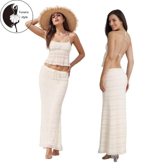 Women 2-Piece Summer Outfits Solid Color Backless Halter Tops and Drawstring Skirt Set for Streetwear Aesthetic Clothes