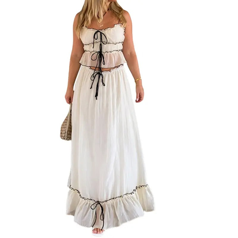 Women Casual Maxi Skirts Set, Casual Outfits Set Summer Set Women Vacation Set Sleeveless Ruched Tie front Cami Top Maxi...