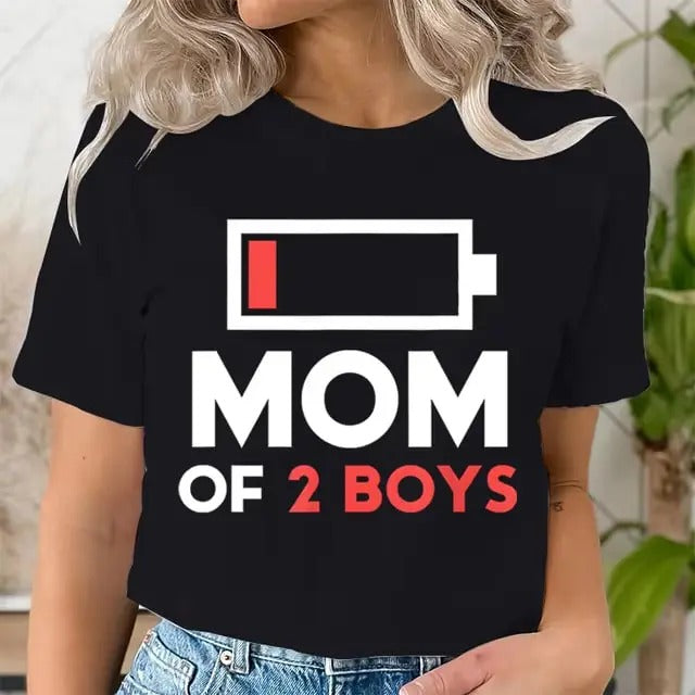 Women Clothing Graphic Mom of 2 Boys Print Vintage Graphic T-Shirt Short Sleeve Ladies Mama Print Clothes Lady Tees Tops...